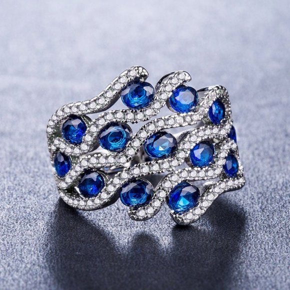 New Gorgeous 925 Silver Blue Sapphire Diamond Ring - Picture 1 of 4